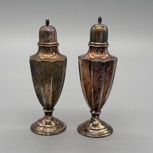 Vintage Silver Plated Art Deco Salt and Pepper Shakers Ornate Hexagonal Footed